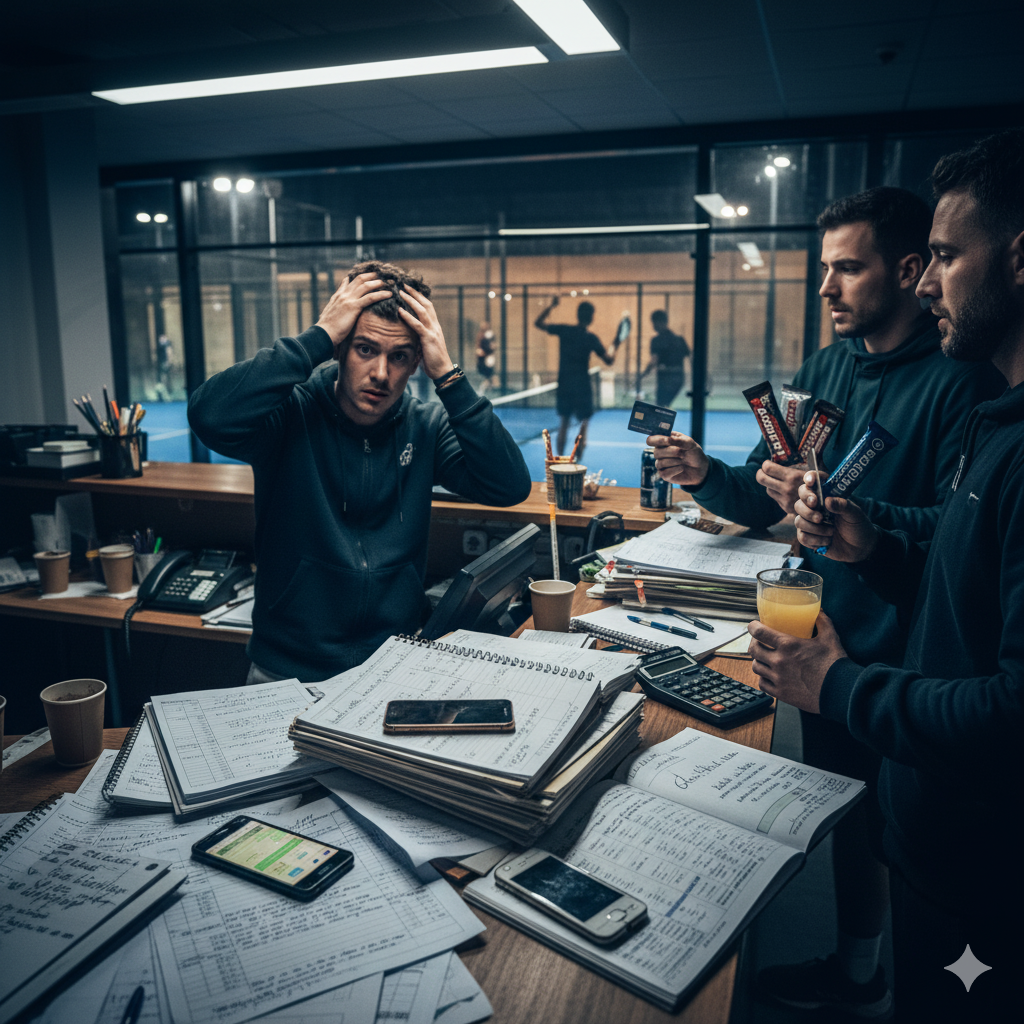 Mostrador de club de pádel desordenado con planillas y papeles